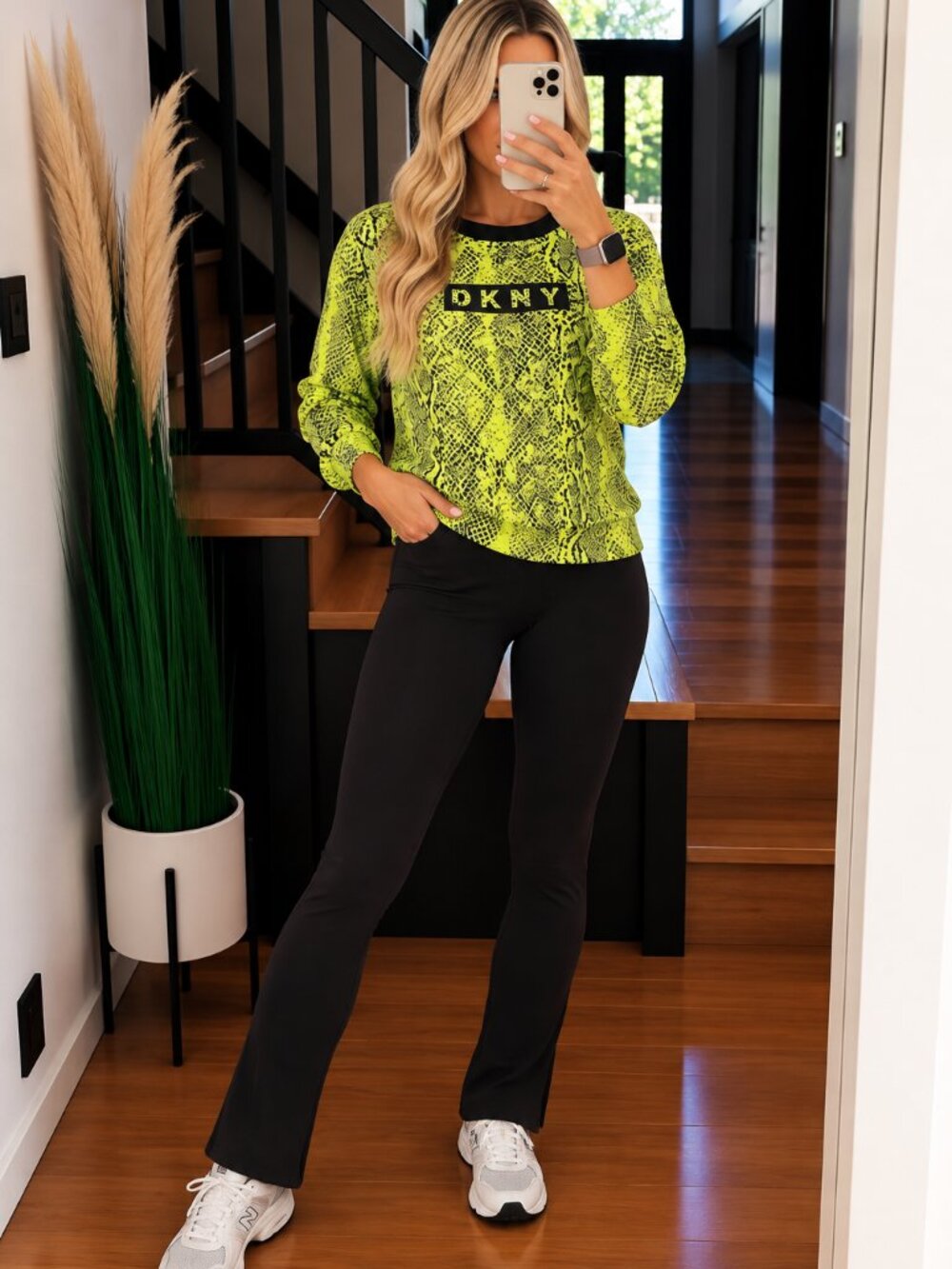 DKNY Neon Green Snakeskin Print Logo Sweatshirt